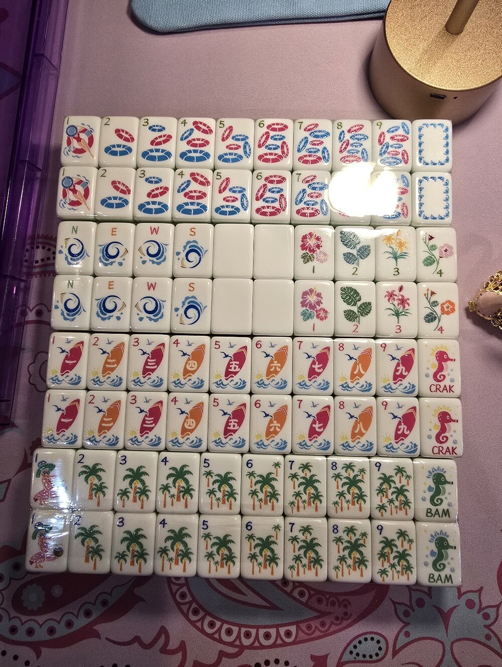 Beach Theme Mahjong Tile Set - Tri-Pastel Color Back With Cute Bag For Tiles